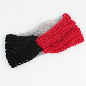 Handmade Hand Knit Cashmere Red Black and Grey Lace Knit Coastal Ear Warmer